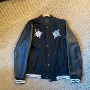 PacSun Black Bomber Jacket with Star Patches and Ribbed Banding
